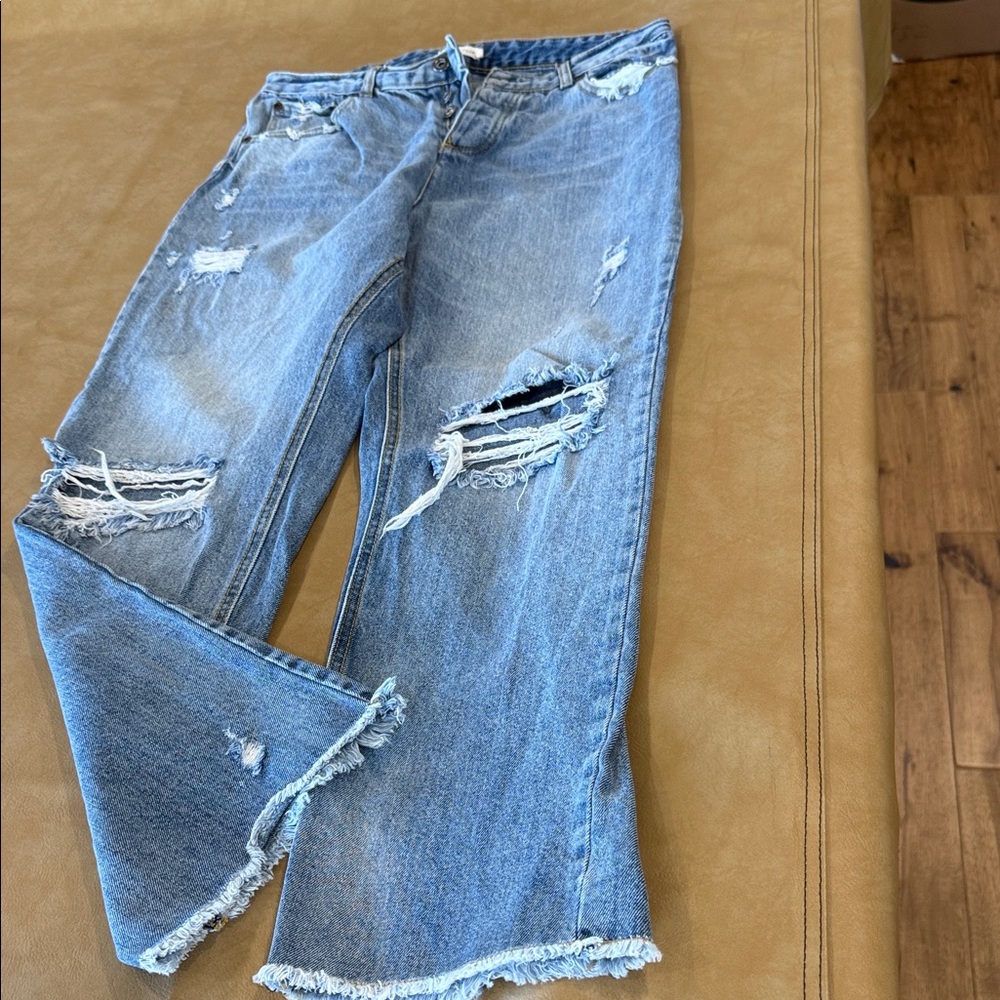 Avec Les Filles Light Blue Distressed Straight Leg Jeans